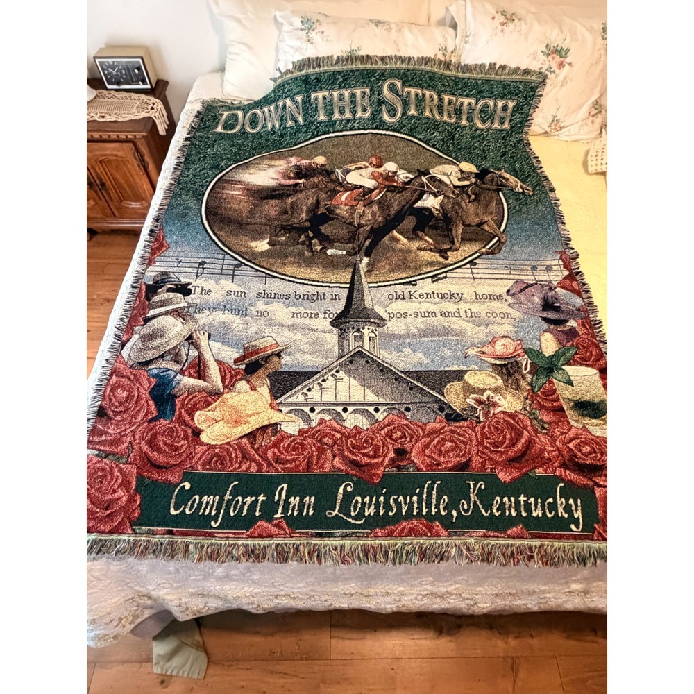 VTG Kentucky Derby Horse Racing Woven Tapestry Throw Blanket Louisville 51x63